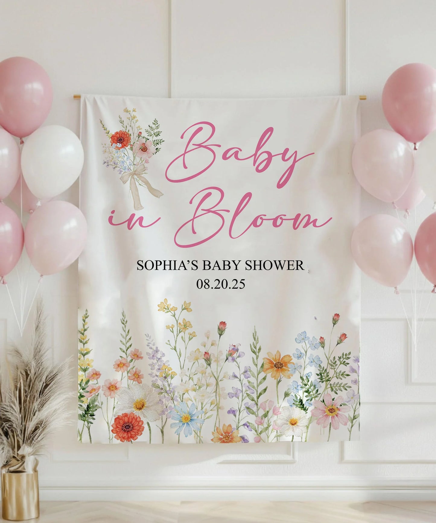 Baby In Bloom Baby Shower Tapestry Personalized Custom Name Floral Baby Shower Backdrop Banner