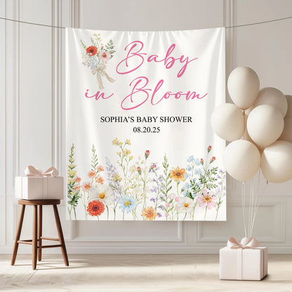 Baby In Bloom Baby Shower Tapestry Personalized Custom Name Floral Baby Shower Backdrop Banner