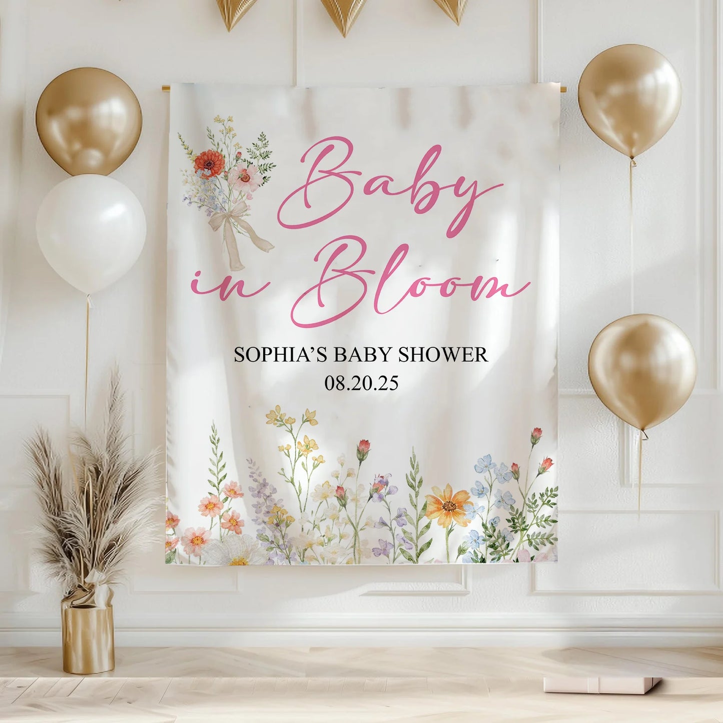 Baby In Bloom Baby Shower Tapestry Personalized Custom Name Floral Baby Shower Backdrop Banner