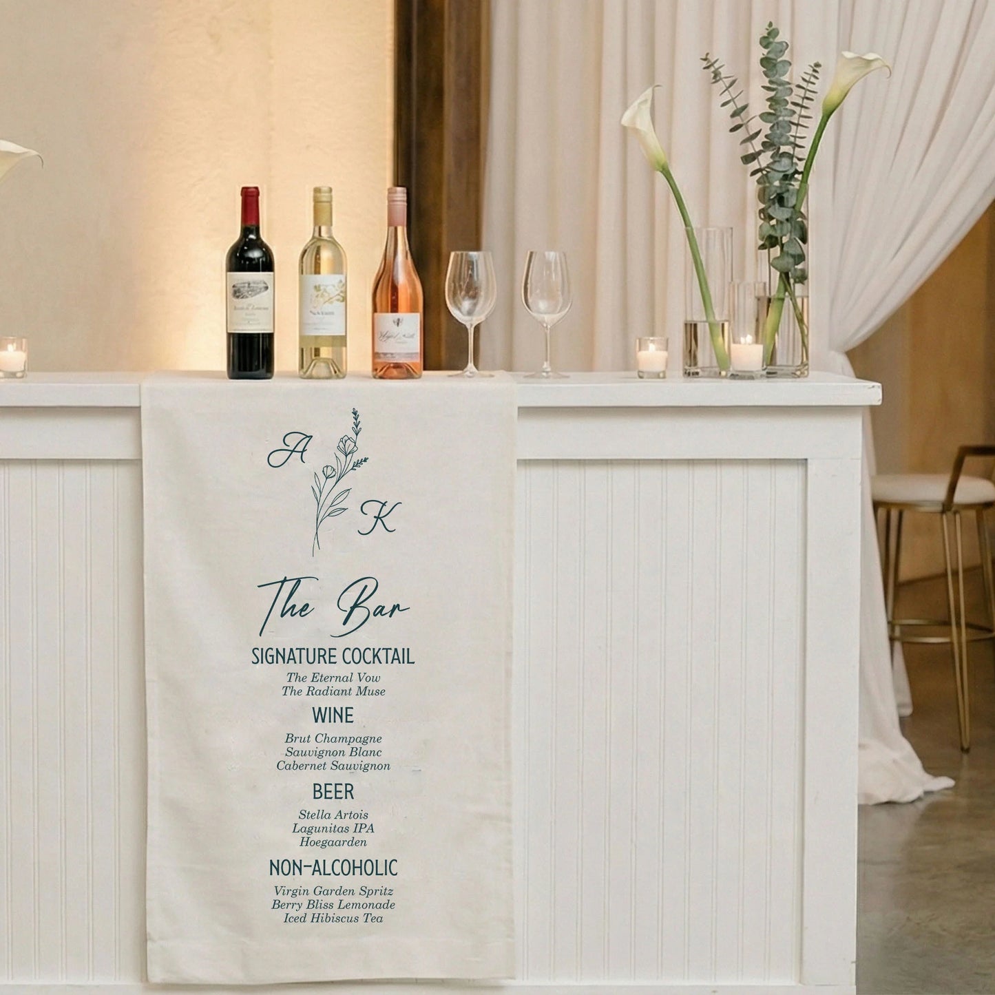 Wedding Bar Menu Table Runner Personalized Cocktail Menu Custom Initials Wedding Bar Decor