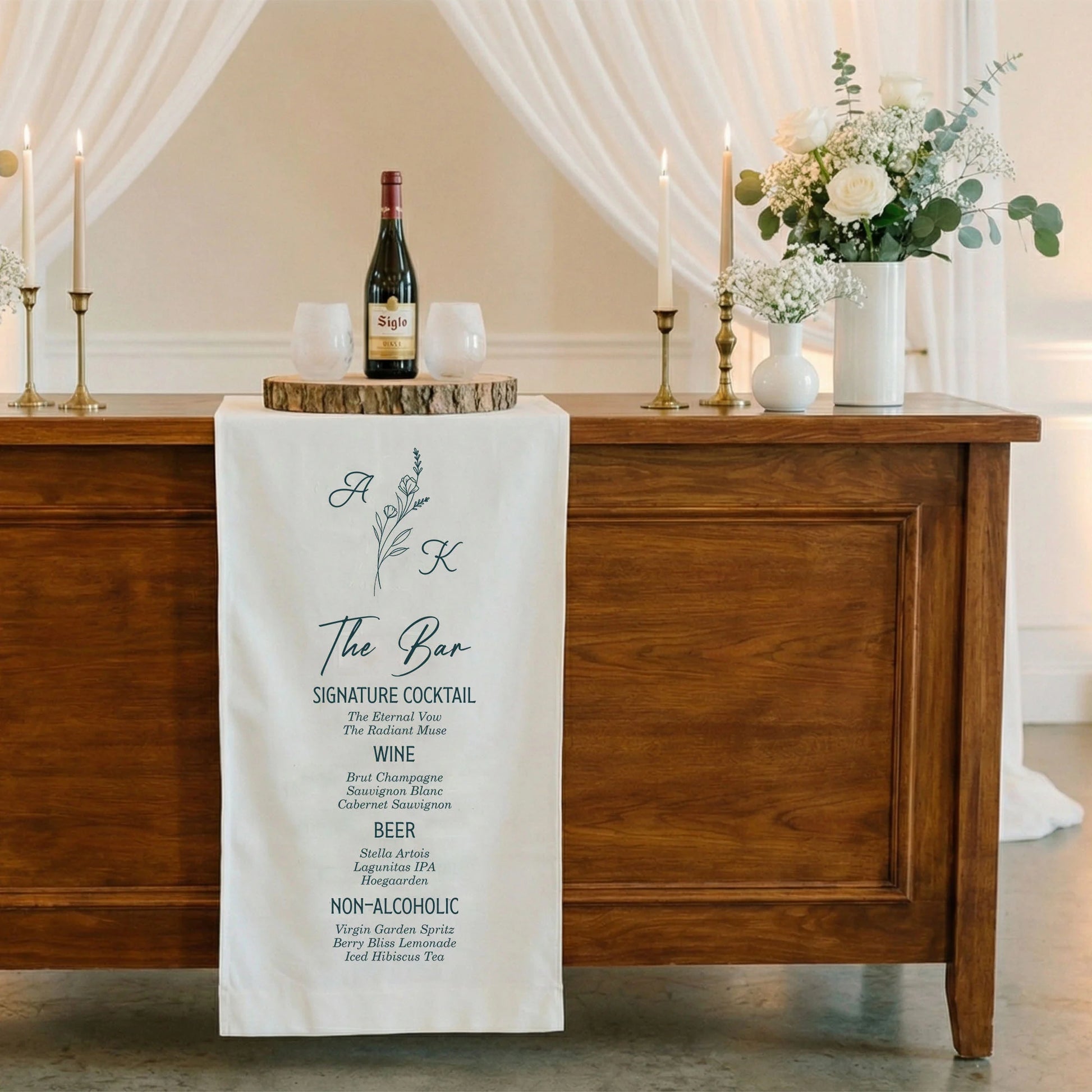 Wedding Bar Menu Table Runner Personalized Cocktail Menu Custom Initials Wedding Bar Decor