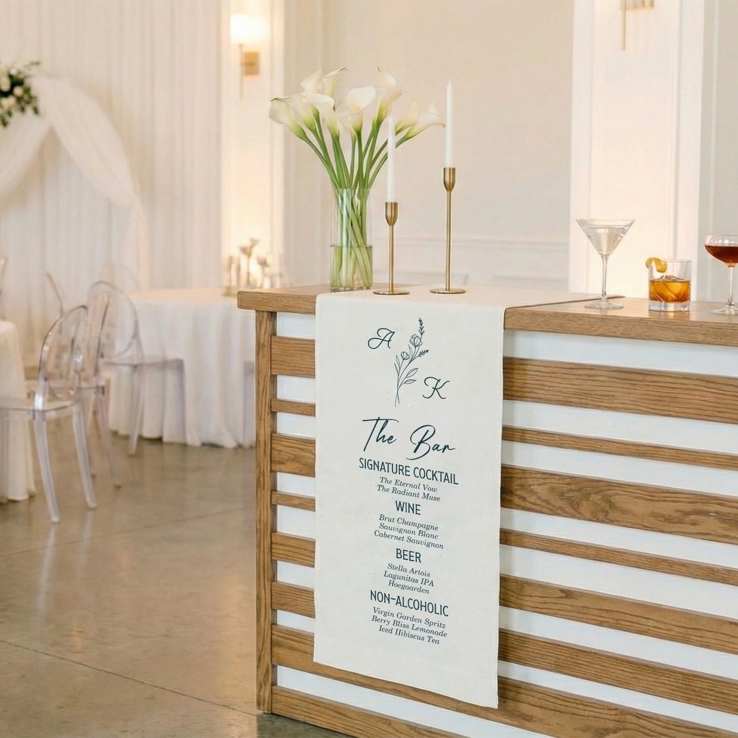 Wedding Bar Menu Table Runner Personalized Cocktail Menu Custom Initials Wedding Bar Decor