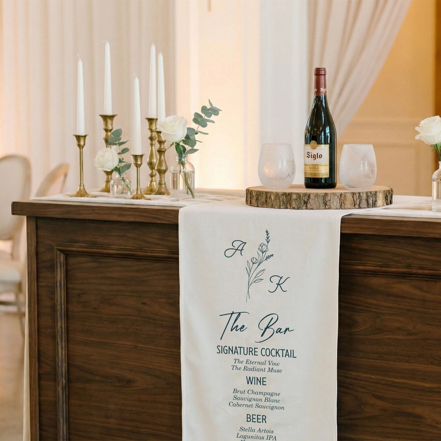 Wedding Bar Menu Table Runner Personalized Cocktail Menu Custom Initials Wedding Bar Decor