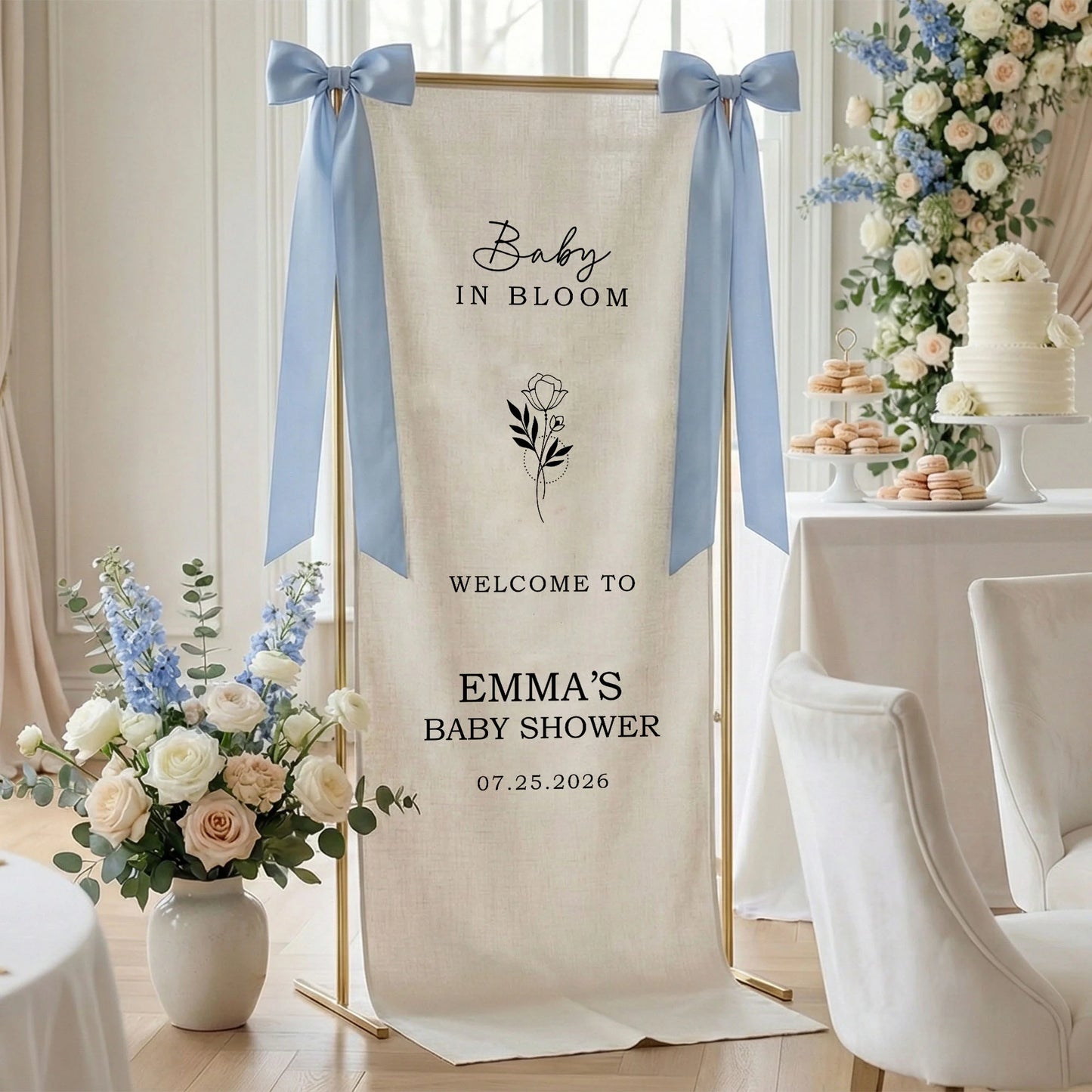Floral Baby Shower Banner Personalized Custom Name Baby in Bloom Shower Backdrop Decor