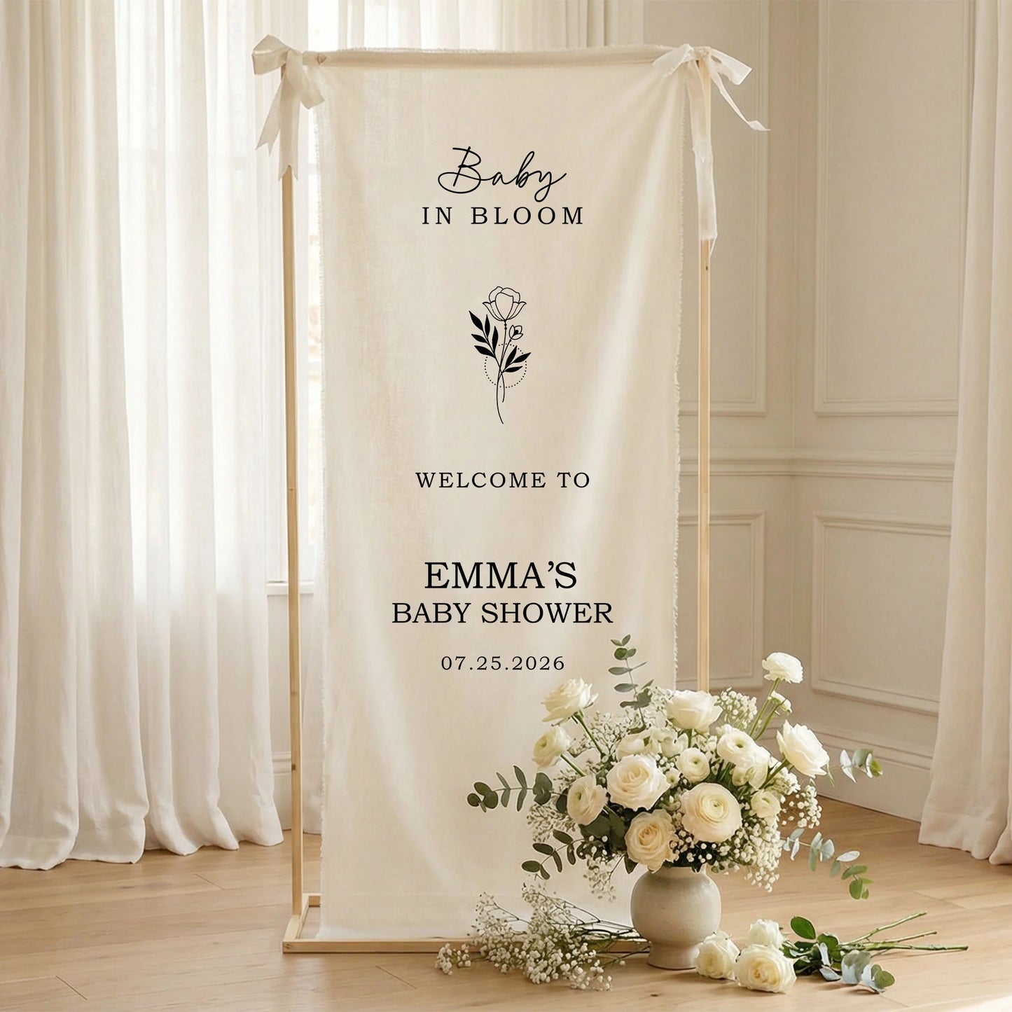 Floral Baby Shower Banner Personalized Custom Name Baby in Bloom Shower Backdrop Decor