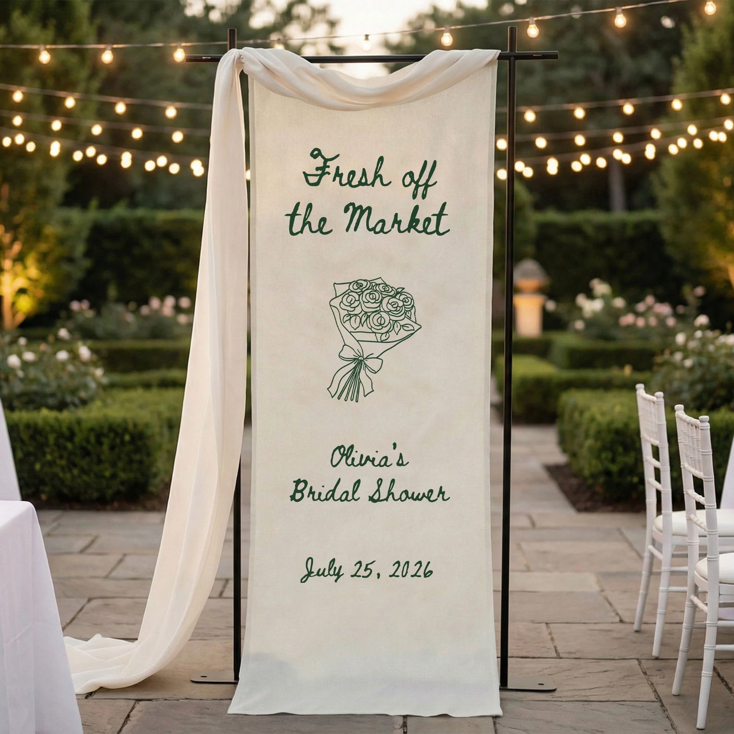 Farmers Market Bridal Shower Banner Stand Personalized Bridal Shower Welcome Sign Custom Name Linen Decor
