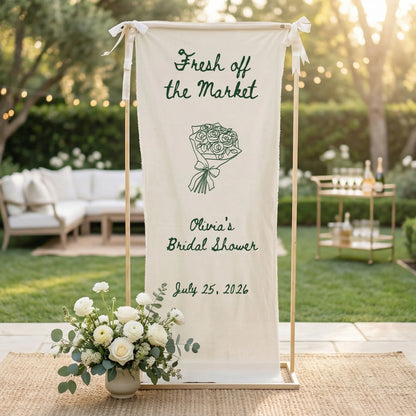 Farmers Market Bridal Shower Banner Stand Personalized Bridal Shower Welcome Sign Custom Name Linen Decor