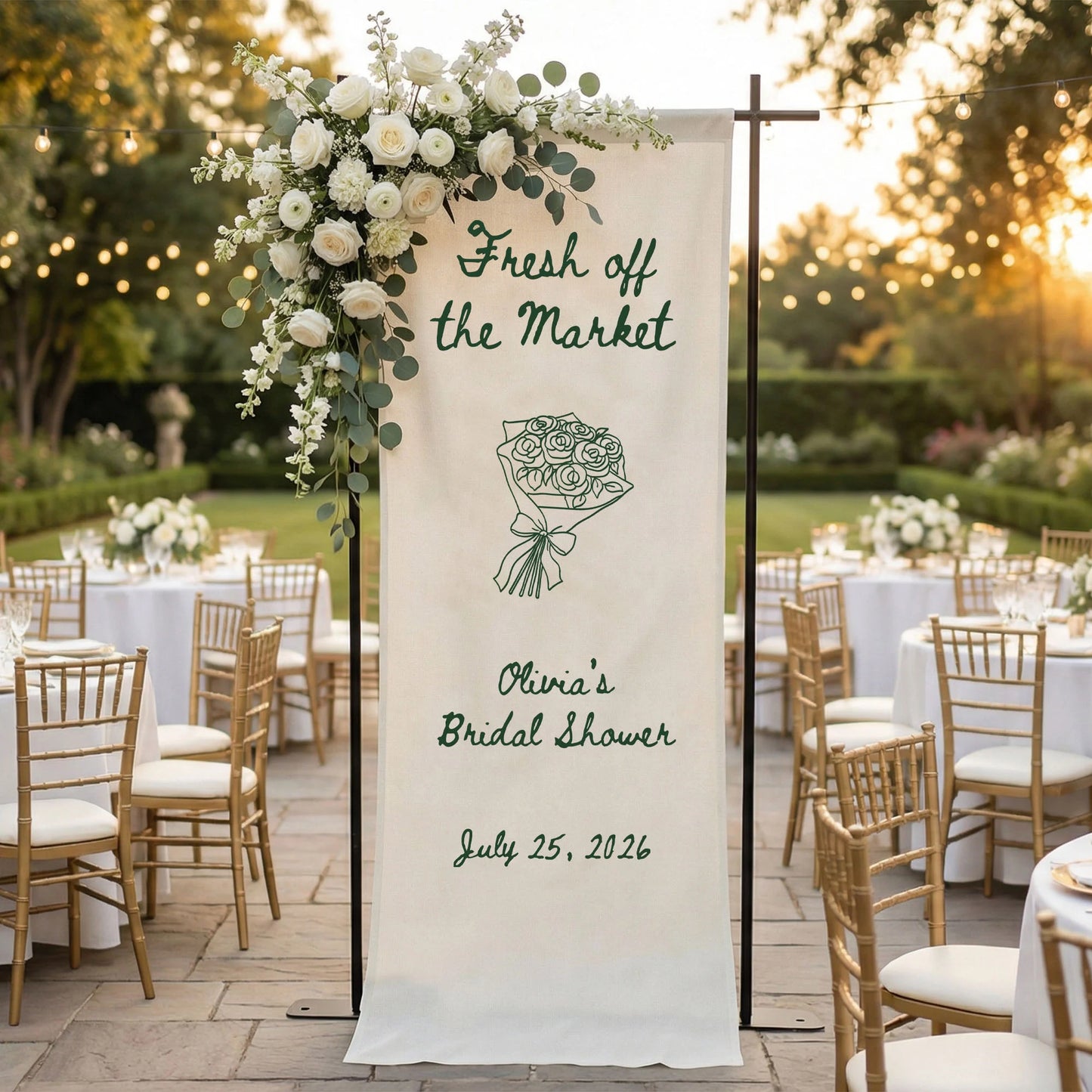 Farmers Market Bridal Shower Banner Stand Personalized Bridal Shower Welcome Sign Custom Name Linen Decor
