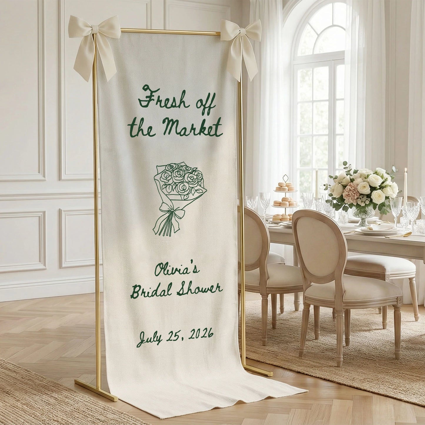 Farmers Market Bridal Shower Banner Stand Personalized Bridal Shower Welcome Sign Custom Name Linen Decor