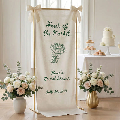 Farmers Market Bridal Shower Banner Stand Personalized Bridal Shower Welcome Sign Custom Name Linen Decor