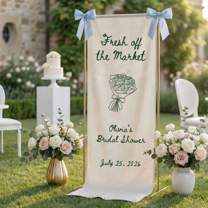 Farmers Market Bridal Shower Banner Stand Personalized Bridal Shower Welcome Sign Custom Name Linen Decor