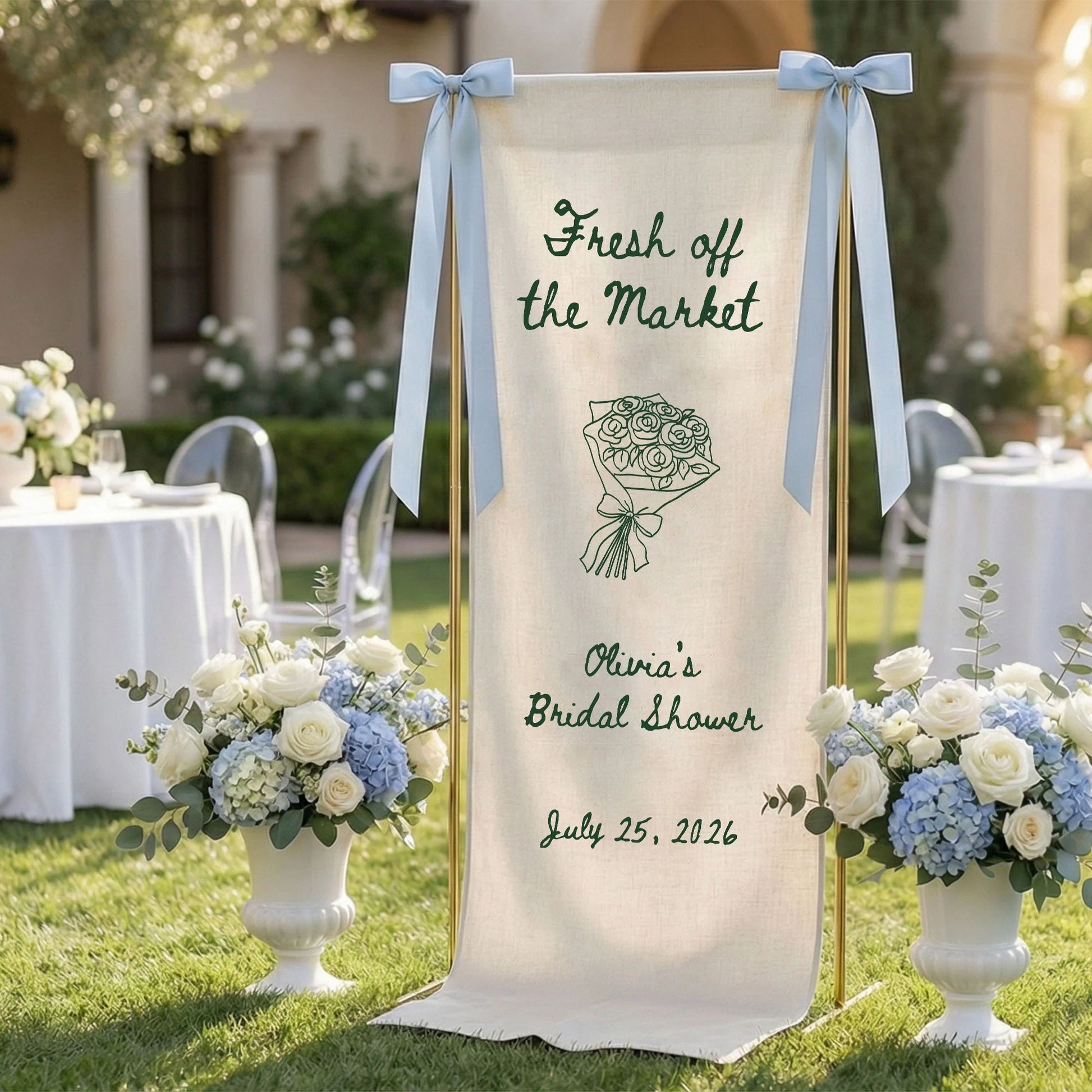 Farmers Market Bridal Shower Banner Stand Personalized Bridal Shower Welcome Sign Custom Name Linen Decor