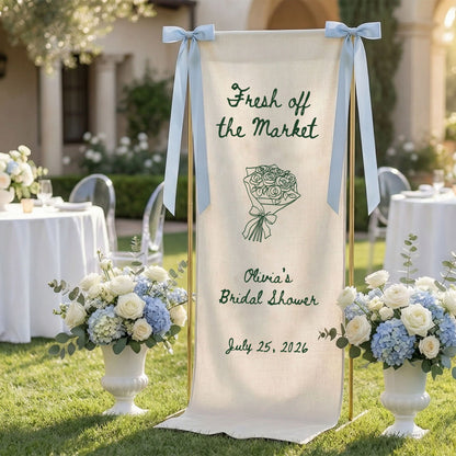 Farmers Market Bridal Shower Banner Stand Personalized Bridal Shower Welcome Sign Custom Name Linen Decor