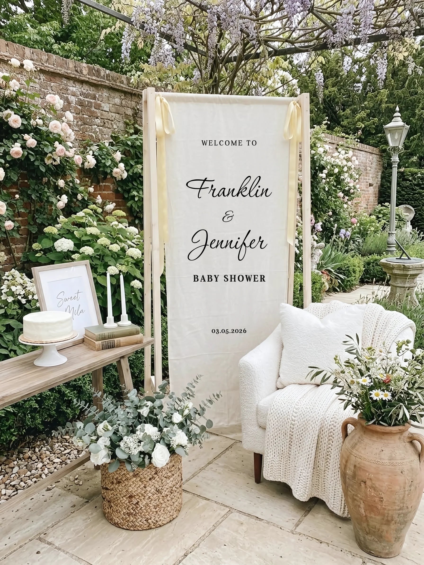 Baby Shower Banner Stand Personalized Baby Shower Welcome Sign Custom Name Linen Baby Shower Decor