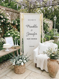 Baby Shower Banner Stand Personalized Baby Shower Welcome Sign Custom Name Linen Baby Shower Decor