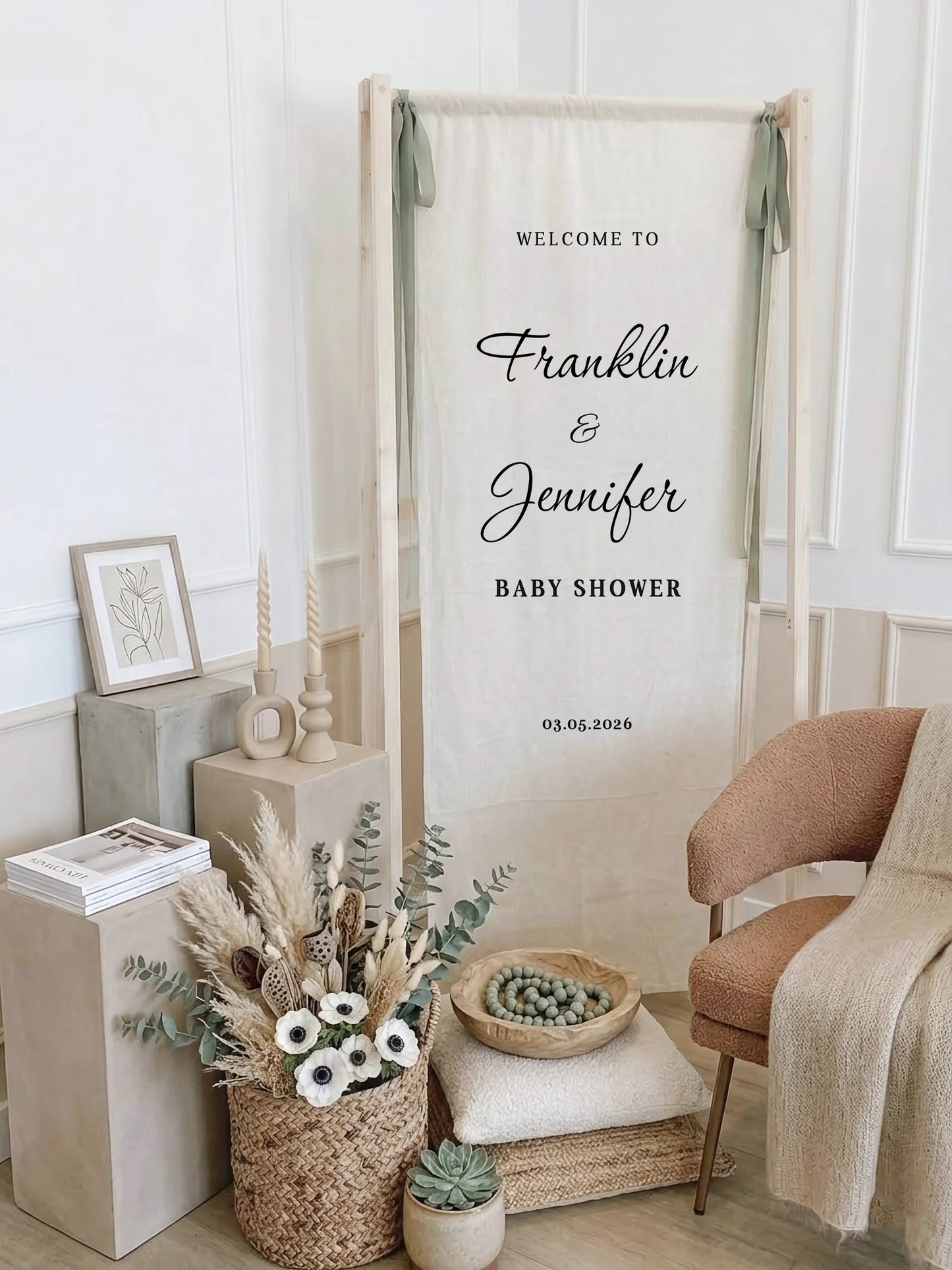 Baby Shower Banner Stand Personalized Baby Shower Welcome Sign Custom Name Linen Baby Shower Decor