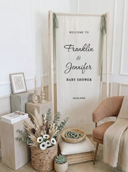 Baby Shower Banner Stand Personalized Baby Shower Welcome Sign Custom Name Linen Baby Shower Decor