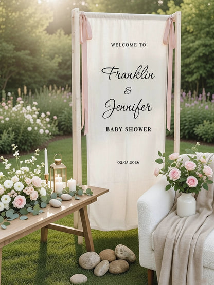 Baby Shower Banner Stand Personalized Baby Shower Welcome Sign Custom Name Linen Baby Shower Decor