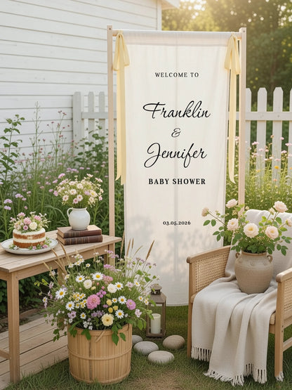 Baby Shower Banner Stand Personalized Baby Shower Welcome Sign Custom Name Linen Baby Shower Decor