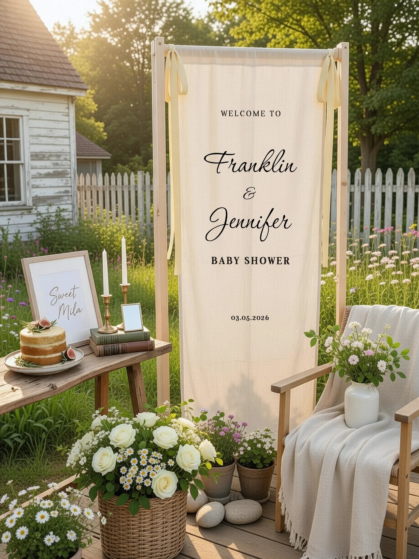 Baby Shower Banner Stand Personalized Baby Shower Welcome Sign Custom Name Linen Baby Shower Decor
