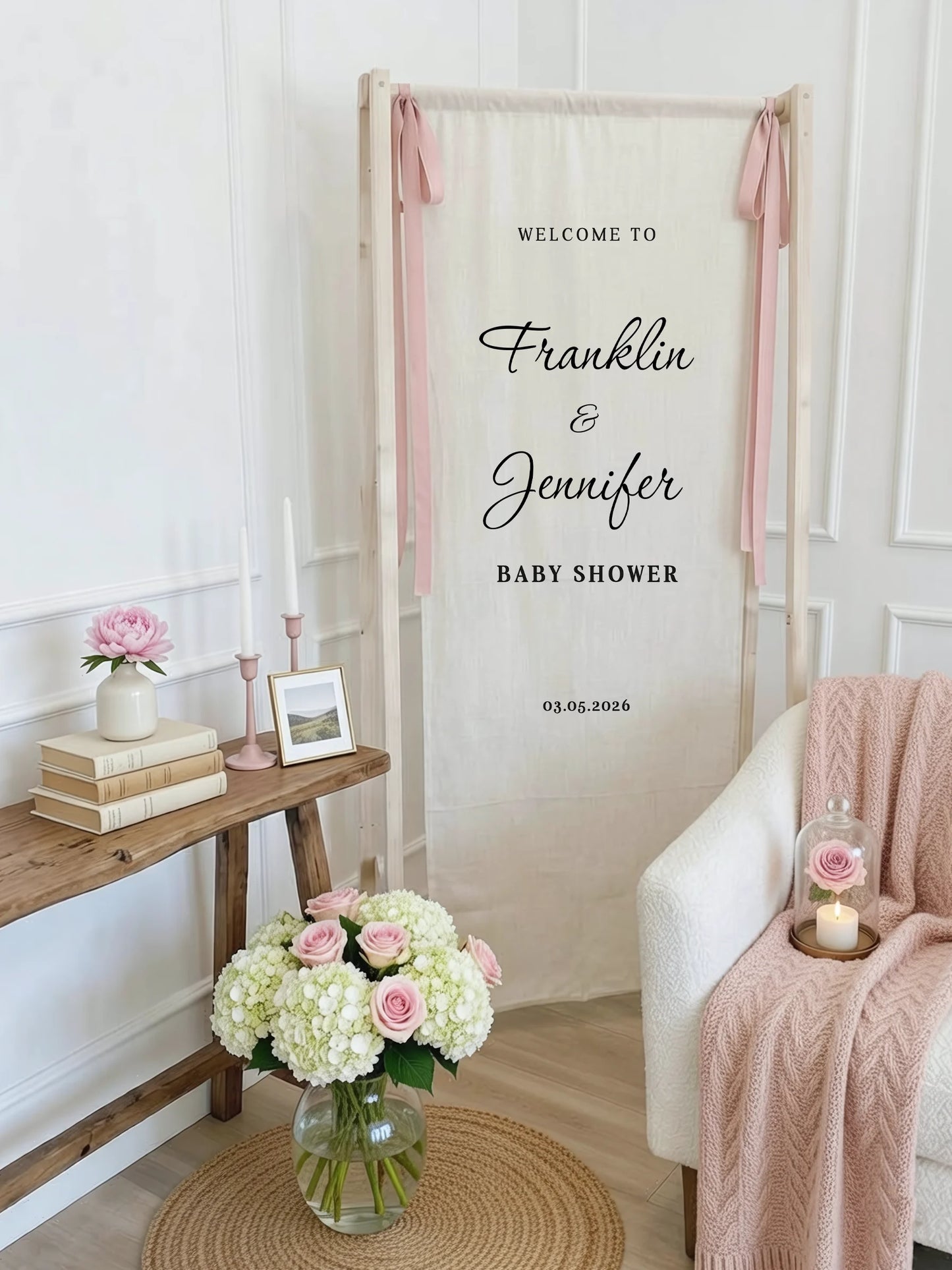 Baby Shower Banner Stand Personalized Baby Shower Welcome Sign Custom Name Linen Baby Shower Decor