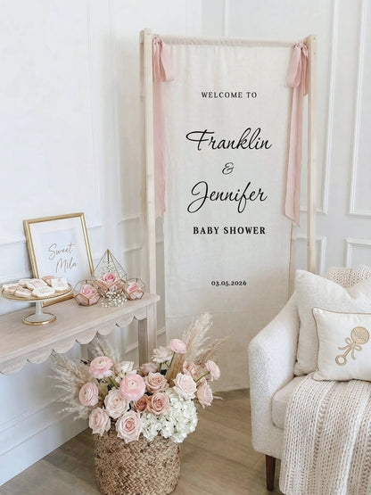 Baby Shower Banner Stand Personalized Baby Shower Welcome Sign Custom Name Linen Baby Shower Decor