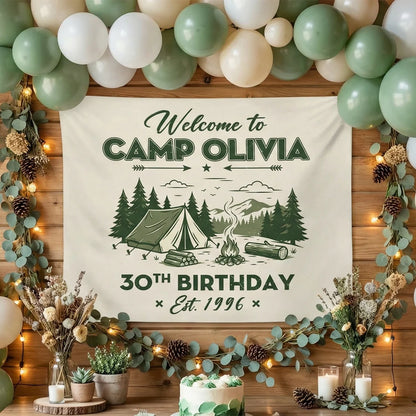 Camp Birthday Banner Personalized Camping Birthday Party Backdrop Custom Name Outdoor Birthday Banner