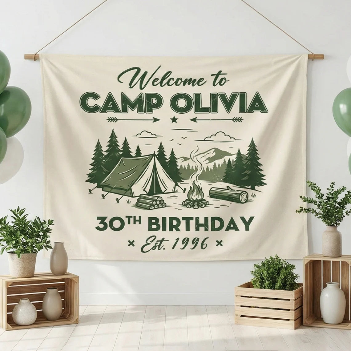 Camp Birthday Banner Personalized Camping Birthday Party Backdrop Custom Name Outdoor Birthday Banner