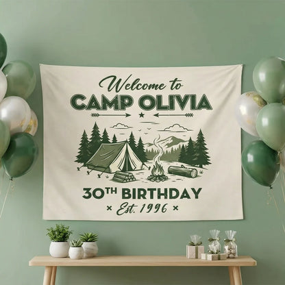 Camp Birthday Banner Personalized Camping Birthday Party Backdrop Custom Name Outdoor Birthday Banner