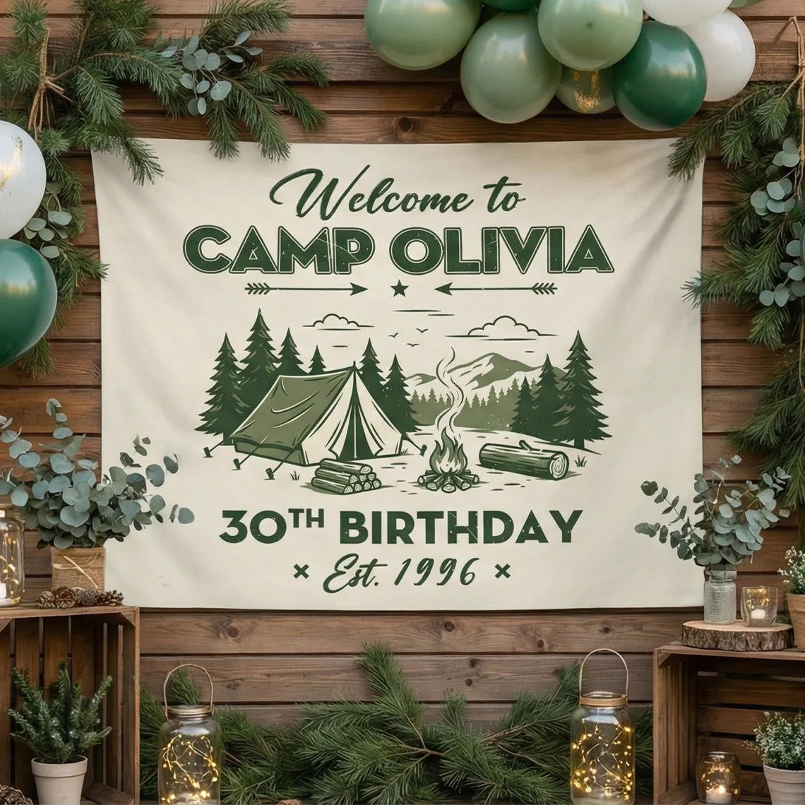 Camp Birthday Banner Personalized Camping Birthday Party Backdrop Custom Name Outdoor Birthday Banner