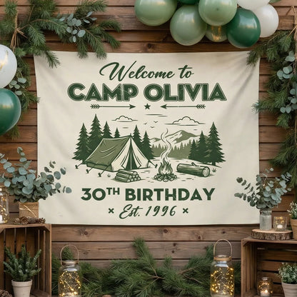 Camp Birthday Banner Personalized Camping Birthday Party Backdrop Custom Name Outdoor Birthday Banner