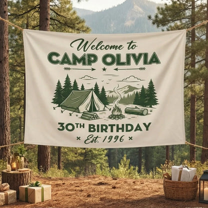 Camp Birthday Banner Personalized Camping Birthday Party Backdrop Custom Name Outdoor Birthday Banner