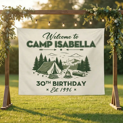 Camp Birthday Banner Personalized Camping Birthday Party Backdrop Custom Name Outdoor Birthday Banner