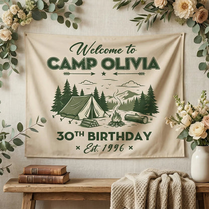 Camp Birthday Banner Personalized Camping Birthday Party Backdrop Custom Name Outdoor Birthday Banner