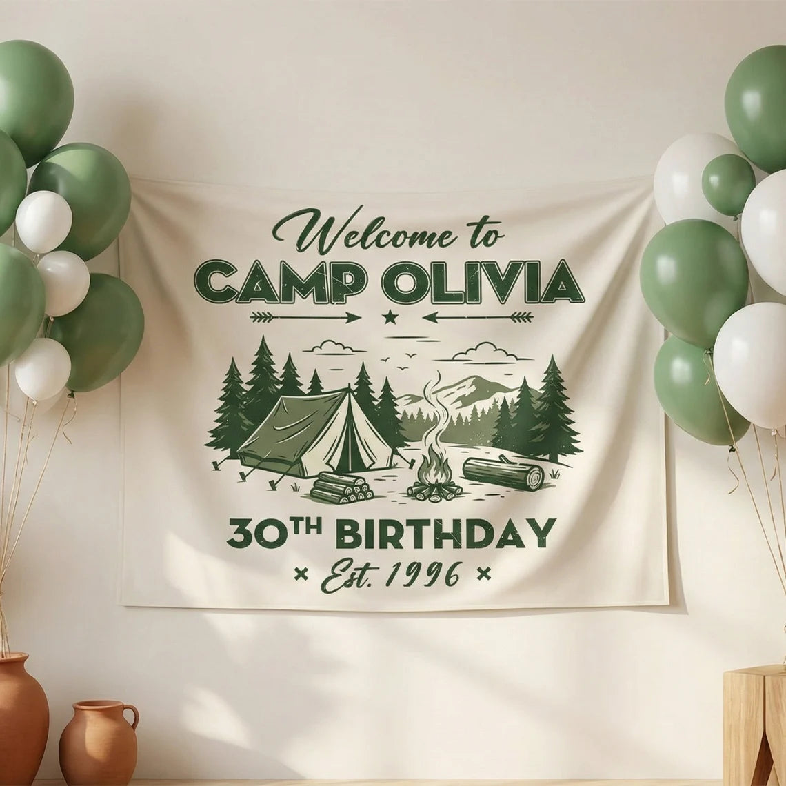 Camp Birthday Banner Personalized Camping Birthday Party Backdrop Custom Name Outdoor Birthday Banner