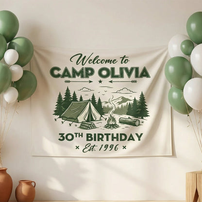 Camp Birthday Banner Personalized Camping Birthday Party Backdrop Custom Name Outdoor Birthday Banner