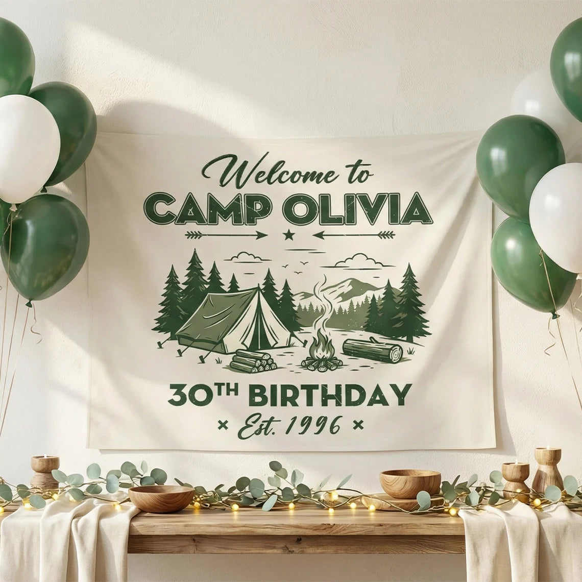 Camp Birthday Banner Personalized Camping Birthday Party Backdrop Custom Name Outdoor Birthday Banner