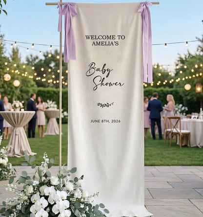 Baby Shower Banner Stand Personalized Baby Shower Welcome Sign Custom Name Linen Baby Shower Decor