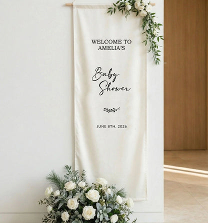 Baby Shower Banner Stand Personalized Baby Shower Welcome Sign Custom Name Linen Baby Shower Decor
