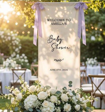 Baby Shower Banner Stand Personalized Baby Shower Welcome Sign Custom Name Linen Baby Shower Decor