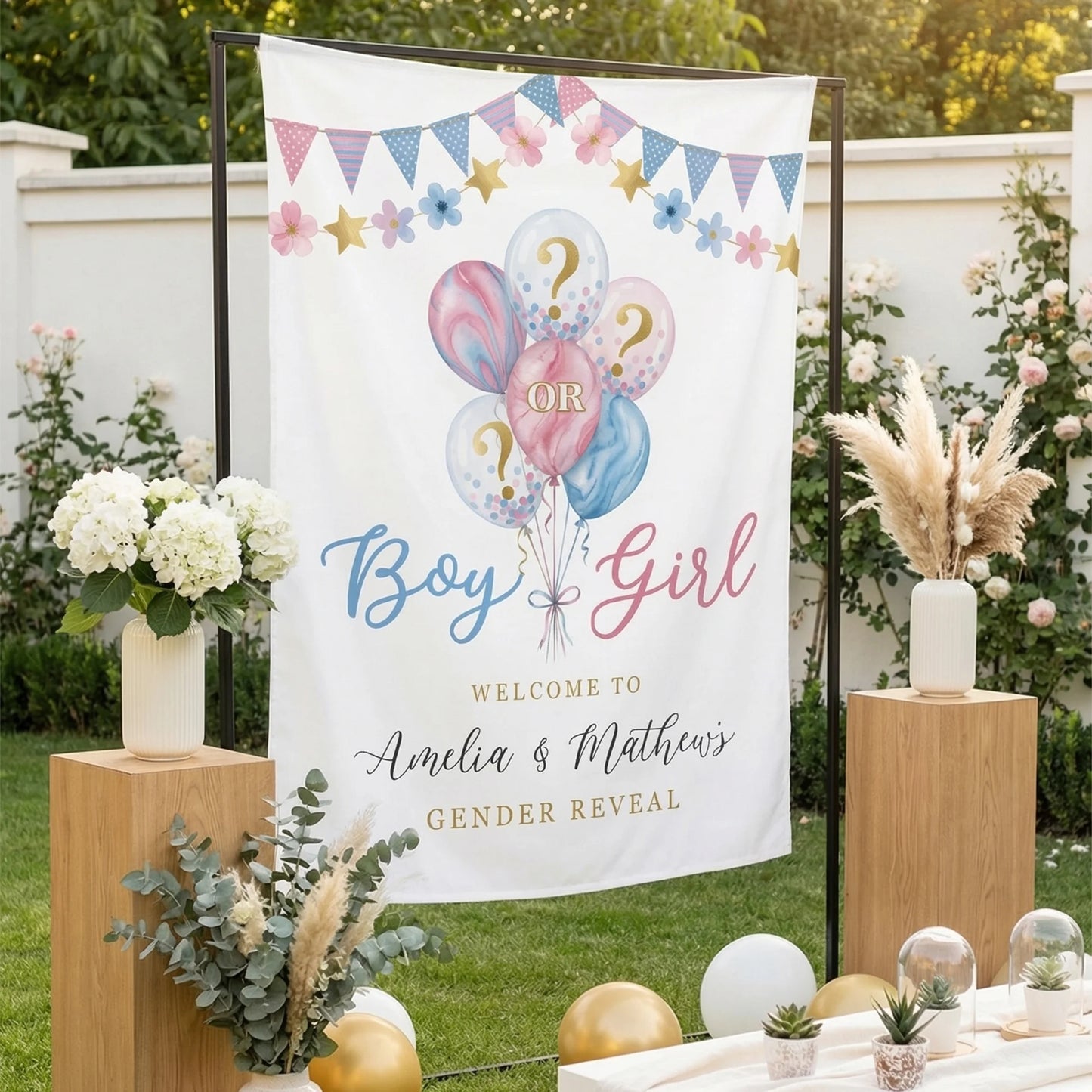 Gender Reveal Banner Boy or Girl Backdrop Personalized Gender Reveal Party Tapestry Custom Name Banner