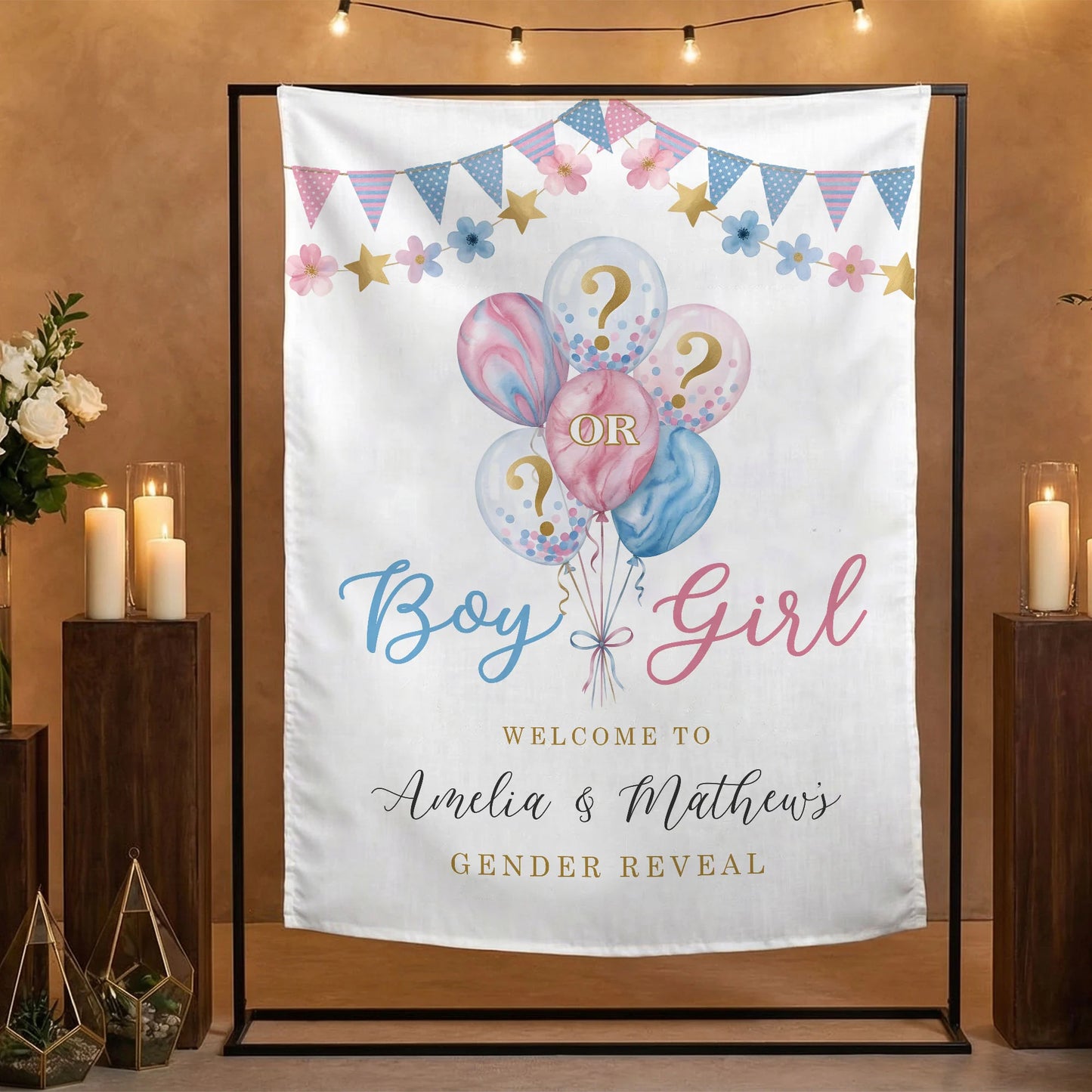 Gender Reveal Banner Boy or Girl Backdrop Personalized Gender Reveal Party Tapestry Custom Name Banner
