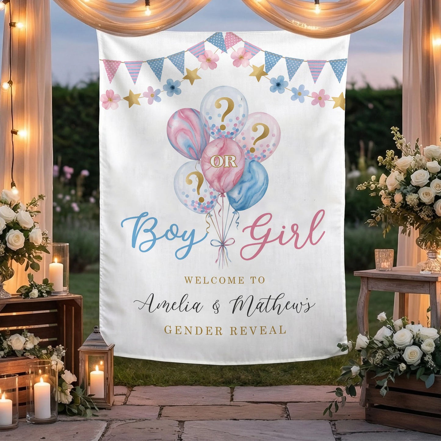 Gender Reveal Banner Boy or Girl Backdrop Personalized Gender Reveal Party Tapestry Custom Name Banner