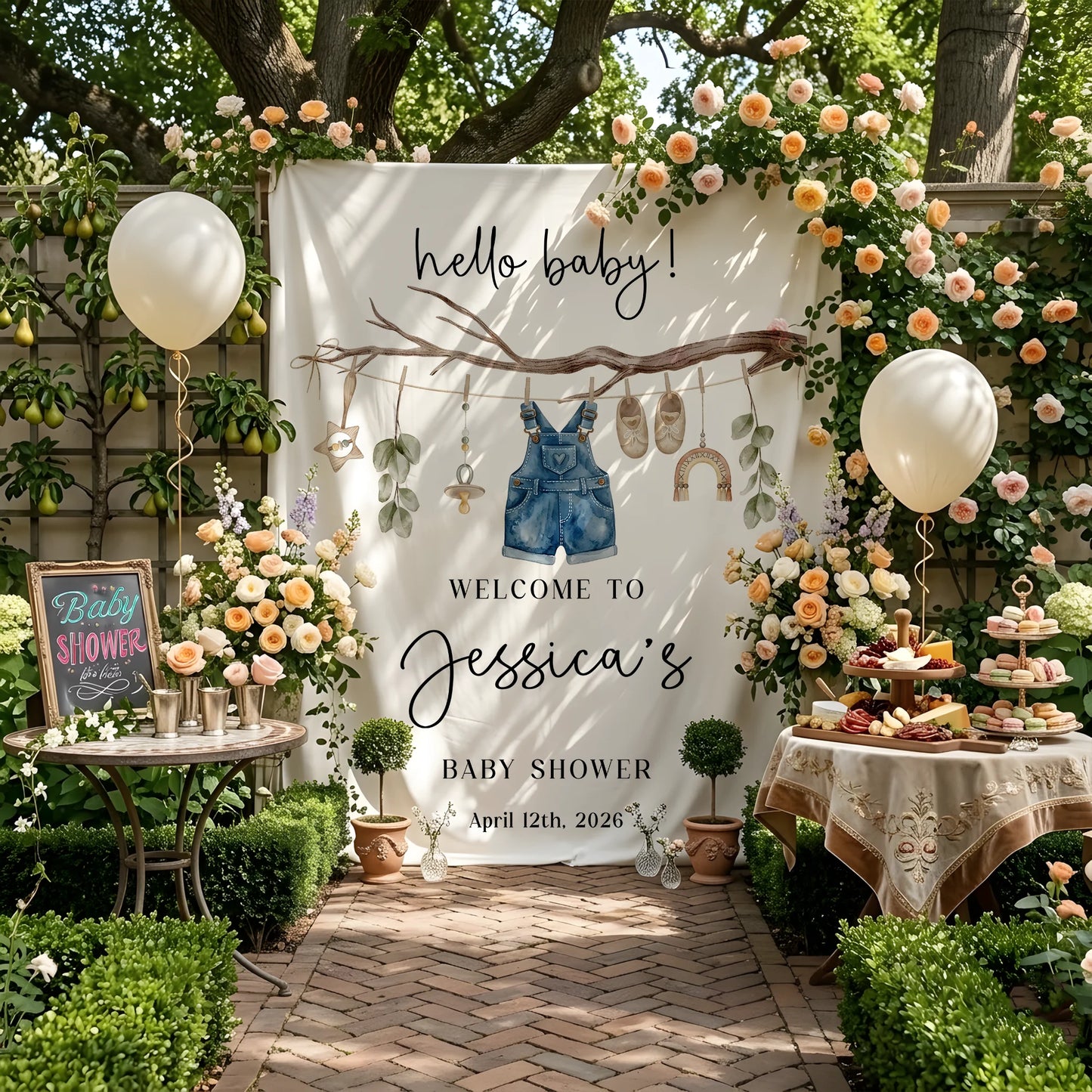 Floral Baby Shower Tapestry Welcome Sign Personalized Custom Name Baby Shower Backdrop Banner