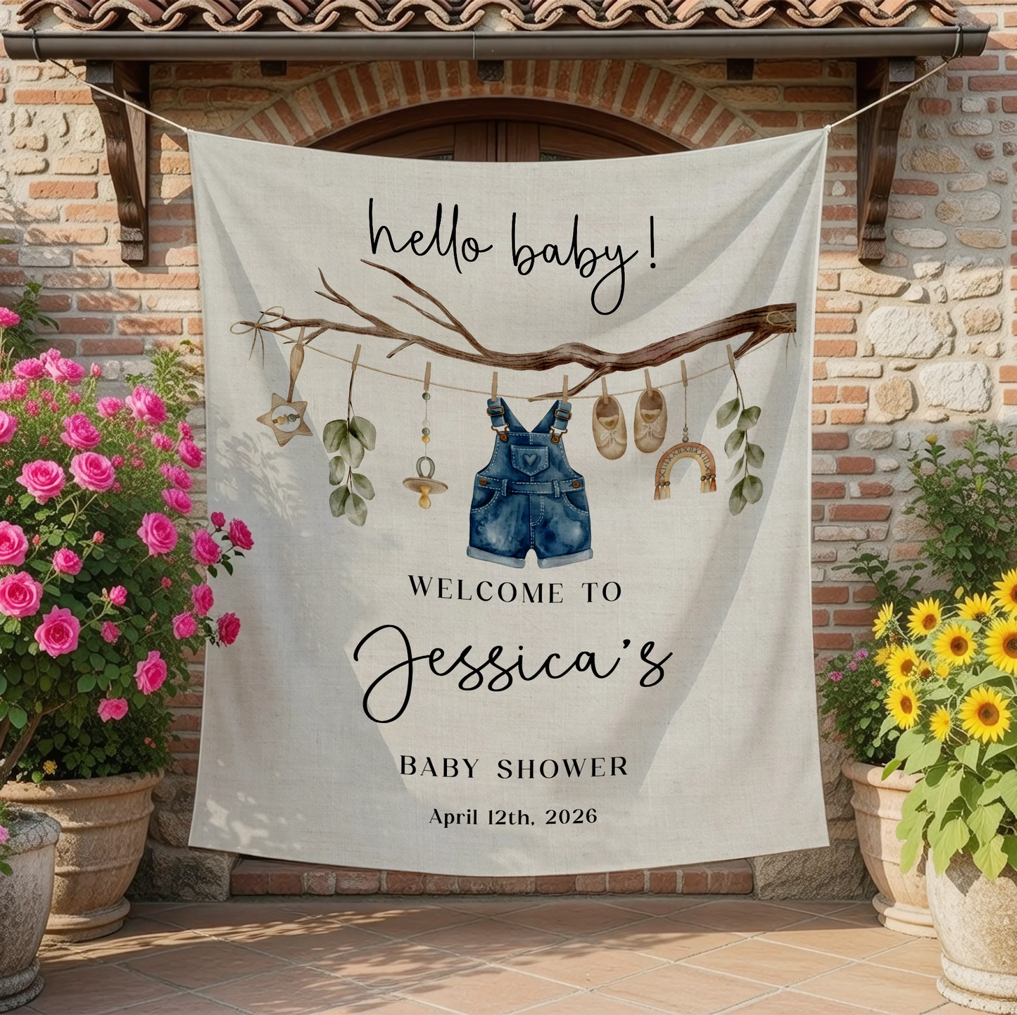 Floral Baby Shower Tapestry Welcome Sign Personalized Custom Name Baby Shower Backdrop Banner