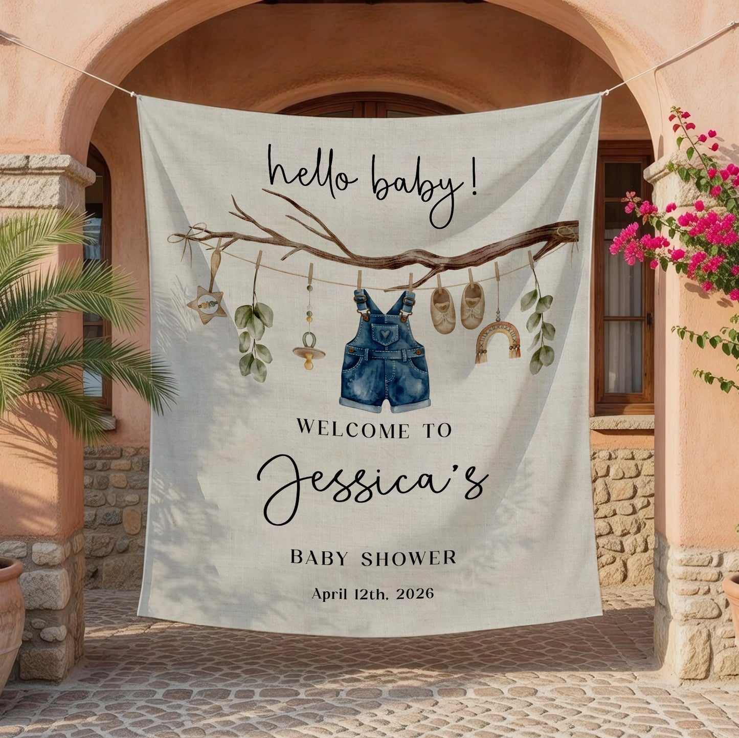 Floral Baby Shower Tapestry Welcome Sign Personalized Custom Name Baby Shower Backdrop Banner