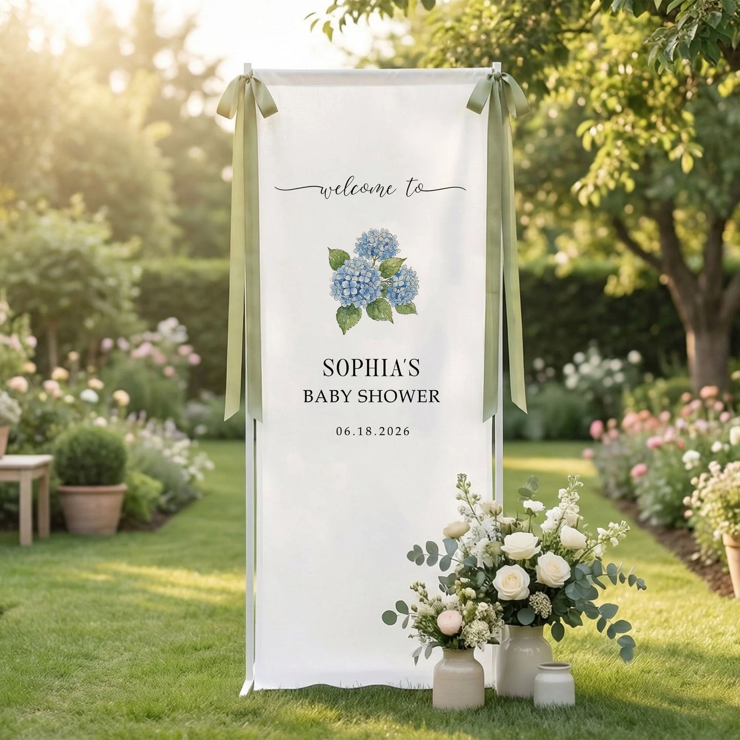 Floral Baby Shower Banner Stand Personalized Custom Name Blue Hydrangea Welcome Sign Decor