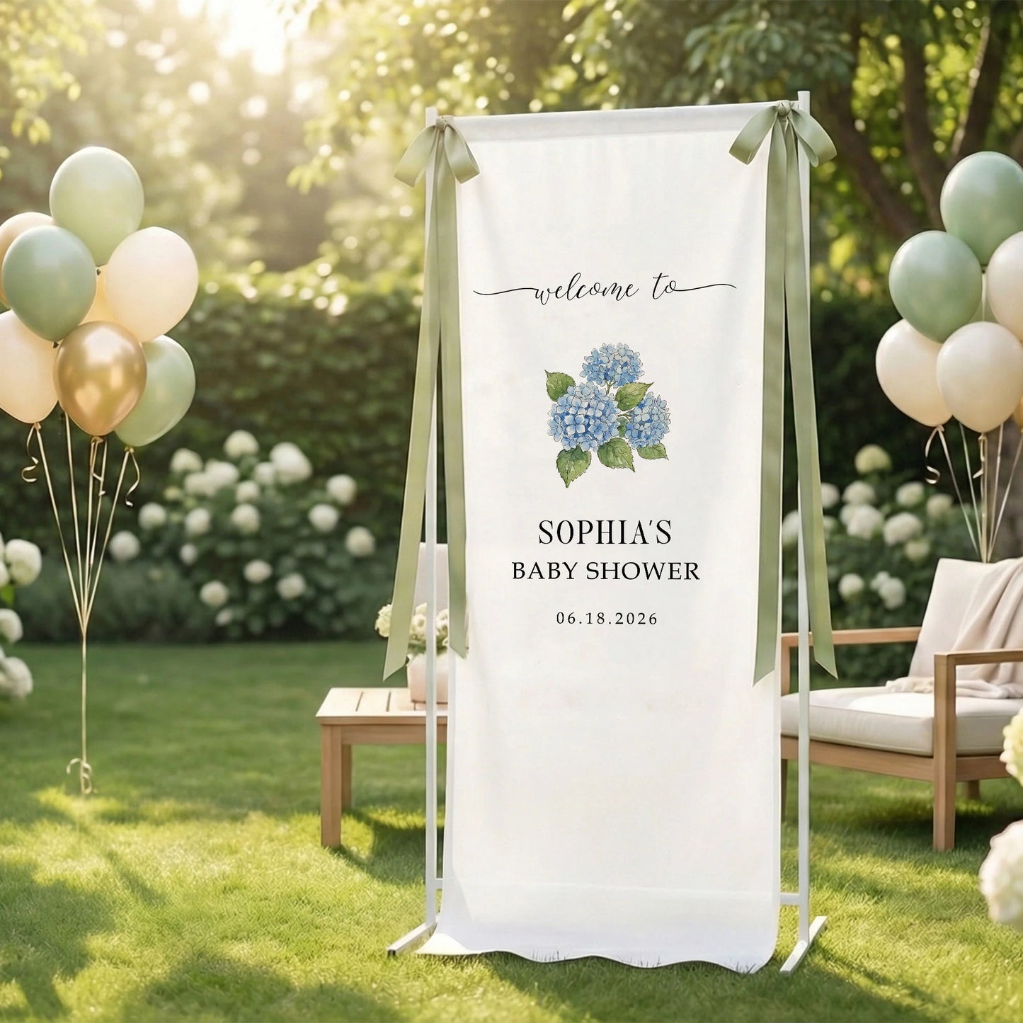 Floral Baby Shower Banner Stand Personalized Custom Name Blue Hydrangea Welcome Sign Decor