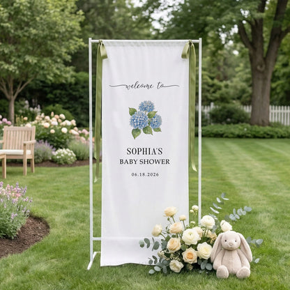 Floral Baby Shower Banner Stand Personalized Custom Name Blue Hydrangea Welcome Sign Decor