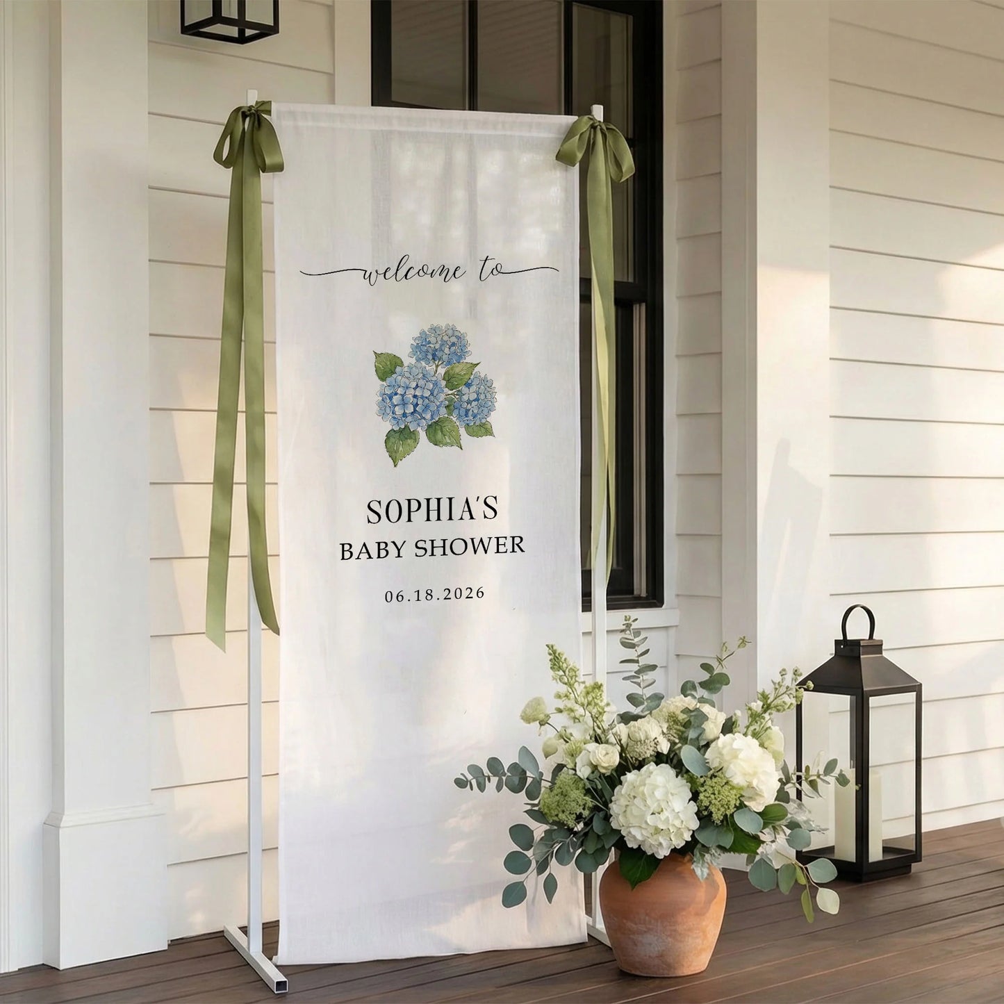 Floral Baby Shower Banner Stand Personalized Custom Name Blue Hydrangea Welcome Sign Decor